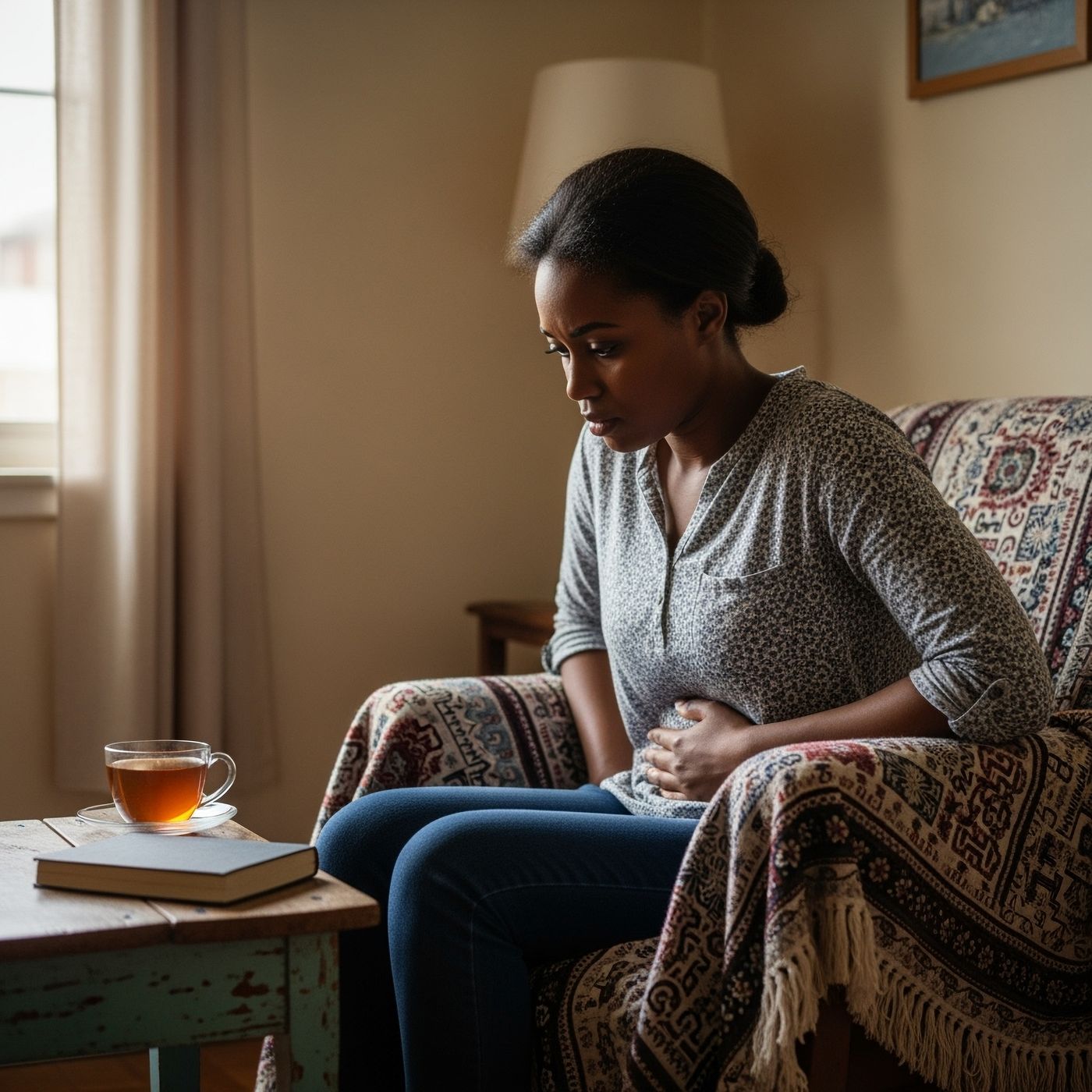 Woman sitting at home holding her lower abdomen in discomfort, next to a cup of tea, reflecting pelvic pain and fatigue linked to uterine fibroids. Woman sitting at home holding her lower abdomen in discomfort, next to a cup of tea, reflecting pelvic pain and fatigue linked to uterine fibroids.